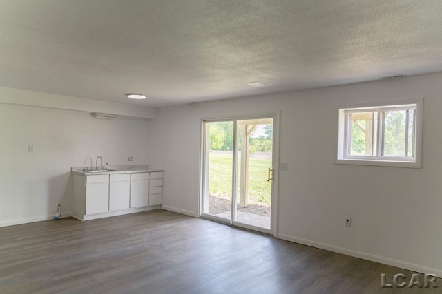 1443 N Posey Lake Rd, Hudson, MI 49247 - unfurnished dining area featuring a textured ceiling, baseboards, wet bar, and wood finished floors