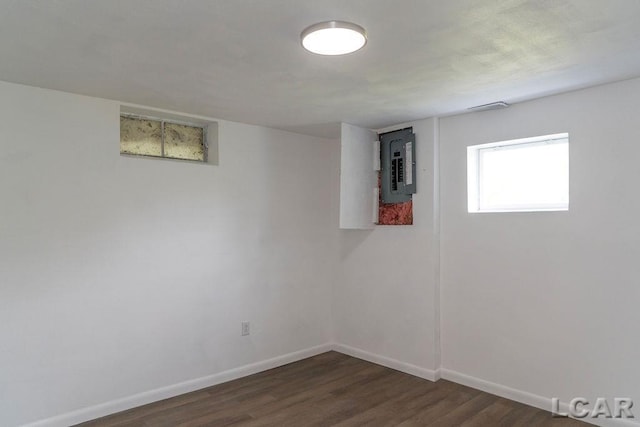 1443 N Posey Lake Rd, Hudson, MI 49247 - below grade area featuring electric panel, baseboards, and dark wood-style floors