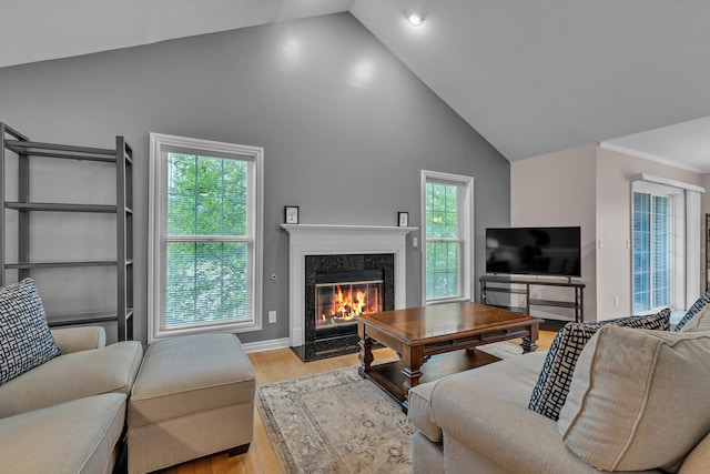 3366 Endsleigh Ln, Ypsilanti, MI 48197 - living area featuring light wood-type flooring, a fireplace, baseboards, and high vaulted ceiling