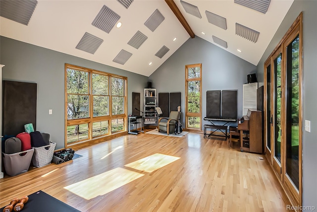 2694 Wayside Dr, Ann Arbor, MI 48103 - living room with high vaulted ceiling, light wood-type flooring, beam ceiling, and recessed lighting