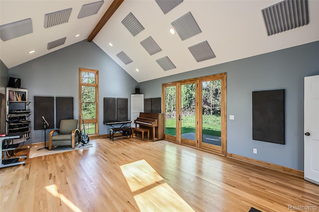 2694 Wayside Dr, Ann Arbor, MI 48103 - living room featuring wood finished floors, beam ceiling, high vaulted ceiling, baseboards, and recessed lighting