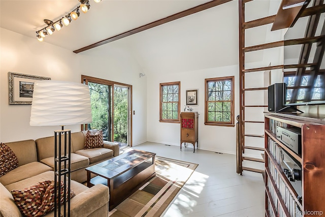 2694 Wayside Dr, Ann Arbor, MI 48103 - living room with baseboards, track lighting, lofted ceiling, and wood finished floors