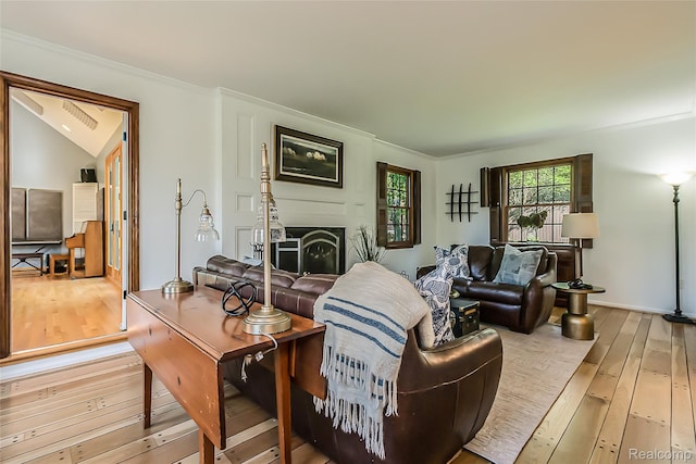 2694 Wayside Dr, Ann Arbor, MI 48103 - living area featuring light wood finished floors, crown molding, and a fireplace