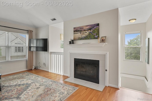 1637 Coburn Dr, Ann Arbor, MI 48108 - living room featuring wood finished floors, plenty of natural light, a tile fireplace, and baseboards