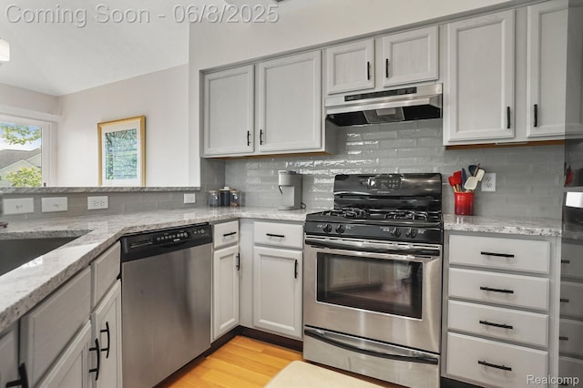 1637 Coburn Dr, Ann Arbor, MI 48108 - kitchen with stainless steel appliances, under cabinet range hood, decorative backsplash, light wood-type flooring, and light stone counters