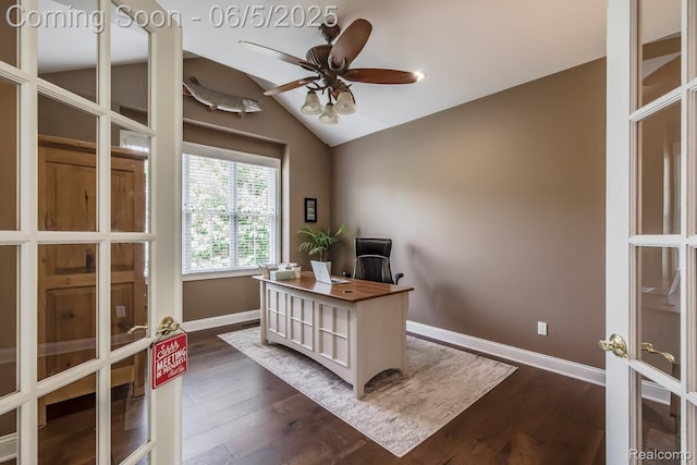 8922 Stonewall W, Clarkston, MI 48348 - office space featuring vaulted ceiling, a ceiling fan, dark wood finished floors, and baseboards