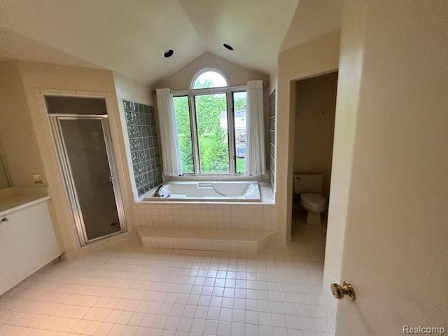 6880 Burtonwood Dr, West Bloomfield, MI 48322 - bathroom featuring tile patterned flooring, toilet, a stall shower, a bath, and lofted ceiling