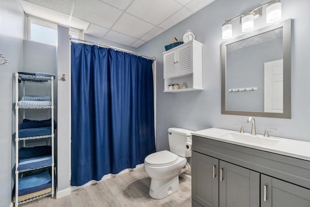 11815 Waldron Rd, Jerome, MI 49249 - bathroom with vanity, toilet, wood finished floors, a drop ceiling, and curtained shower
