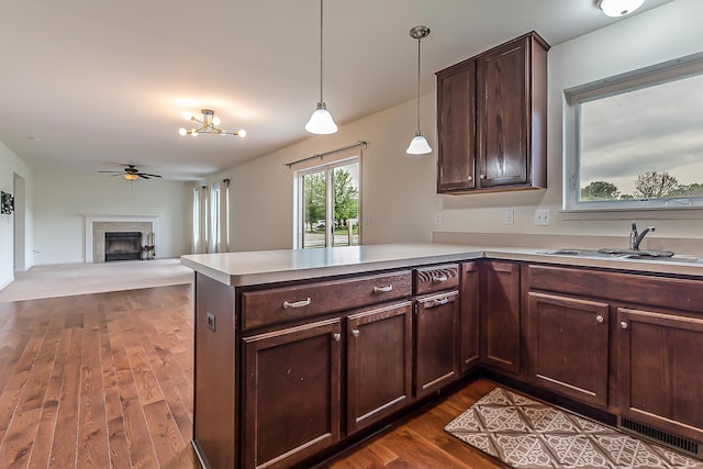 6837 Wellington Dr, Dexter, MI 48130 - kitchen featuring a sink, dark wood-type flooring, a ceiling fan, a peninsula, and dark brown cabinetry
