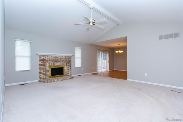 53395 Andrew Cir, New Baltimore, MI 48047 - unfurnished living room with beam ceiling, carpet, a chandelier, baseboards, and high vaulted ceiling