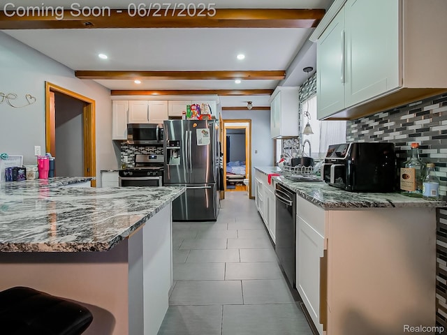 13973 Dixie, Redford, MI 48239 - kitchen featuring stainless steel appliances, decorative backsplash, stone countertops, white cabinetry, and recessed lighting