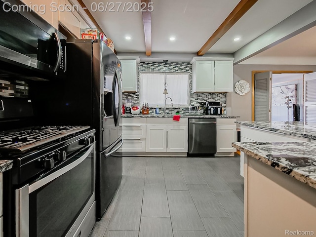 13973 Dixie, Redford, MI 48239 - kitchen featuring stainless steel appliances, backsplash, beamed ceiling, white cabinetry, and light stone countertops