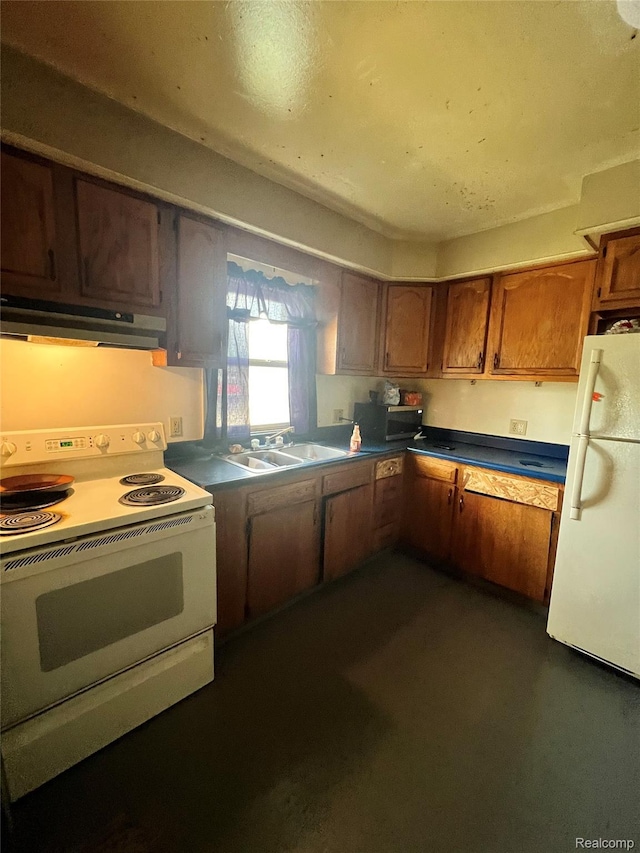 2500 Salt St, Saginaw, MI 48602 - kitchen with white appliances, ventilation hood, brown cabinetry, and a sink