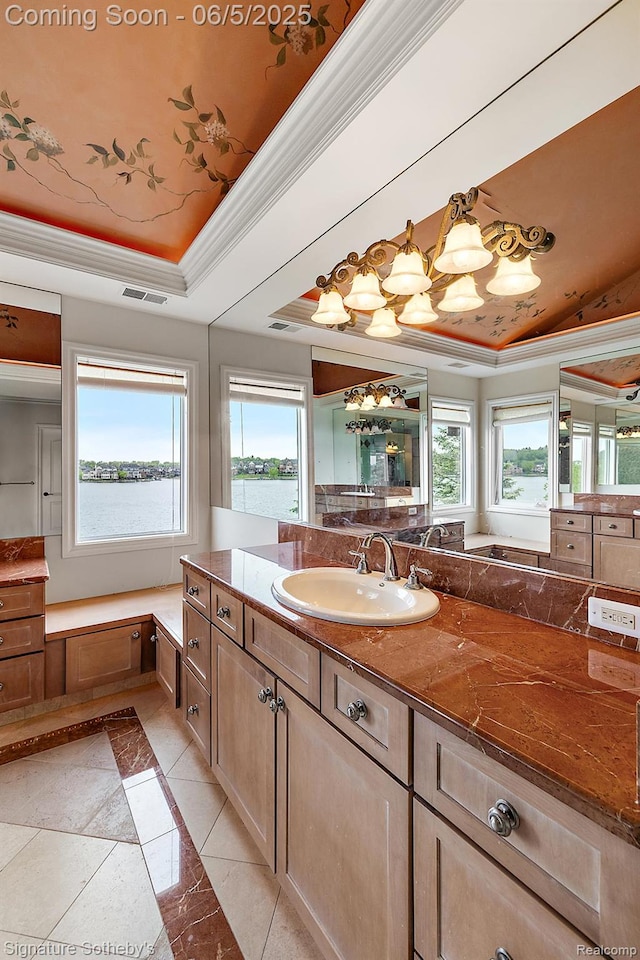 10611 Lighthouse Pt, South Lyon, MI 48178 - bathroom featuring a tray ceiling, crown molding, and vanity