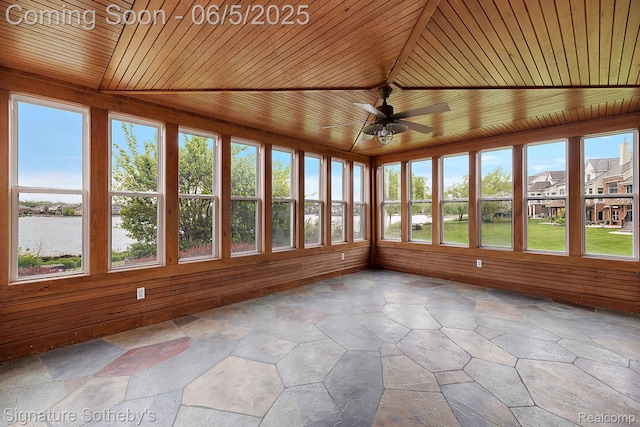 10611 Lighthouse Pt, South Lyon, MI 48178 - unfurnished sunroom with stone finish flooring, a water view, and wood ceiling