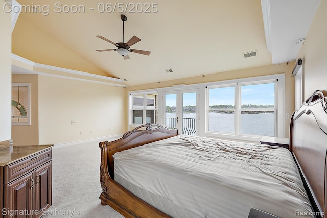 10611 Lighthouse Pt, South Lyon, MI 48178 - bedroom featuring carpet flooring, access to outside, a water view, french doors, and baseboards