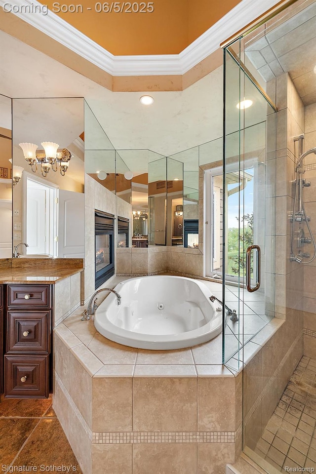 10611 Lighthouse Pt, South Lyon, MI 48178 - bathroom featuring ornamental molding, a jetted tub, a stall shower, vanity, and a fireplace