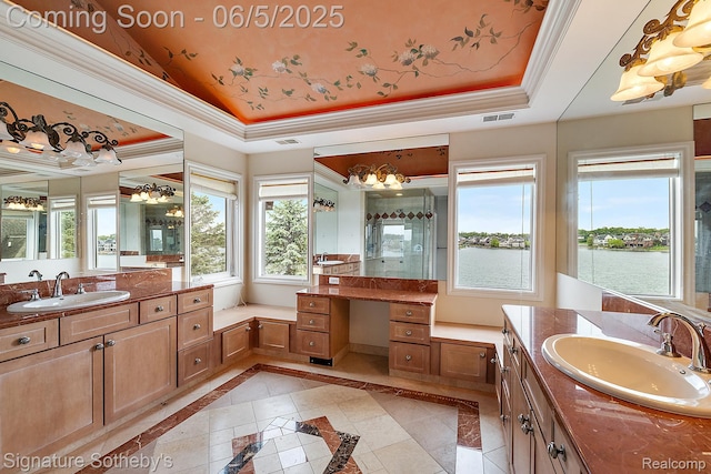 10611 Lighthouse Pt, South Lyon, MI 48178 - full bath featuring ornamental molding, two vanities, a chandelier, a tray ceiling, and inlaid floor details