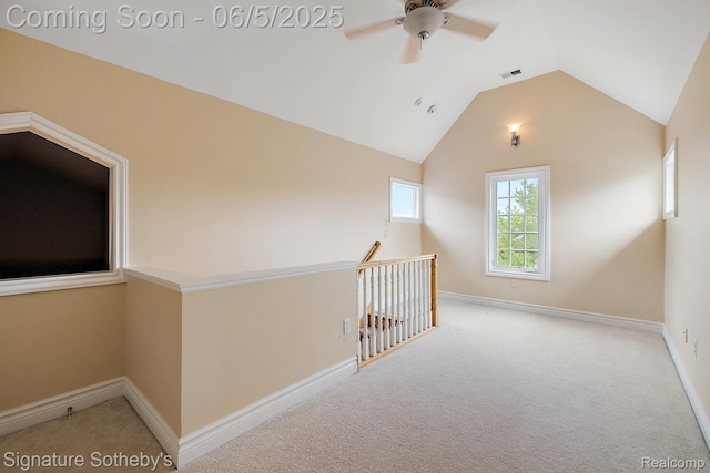 10611 Lighthouse Pt, South Lyon, MI 48178 - hall featuring vaulted ceiling, carpet flooring, baseboards, and an upstairs landing