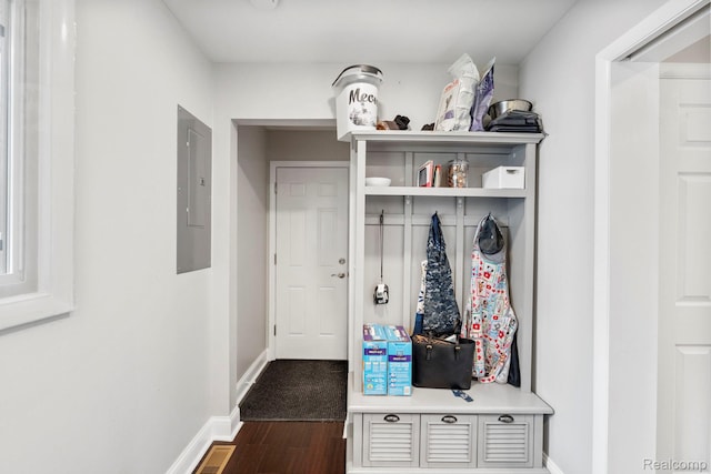 116 Surrey Rd, Saint Louis, MI 48880 - mudroom featuring electric panel, dark wood-type flooring, and baseboards