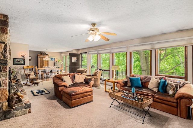 22649 N Dixboro Rd, South Lyon, MI 48178 - living room with carpet, ceiling fan, and a textured ceiling