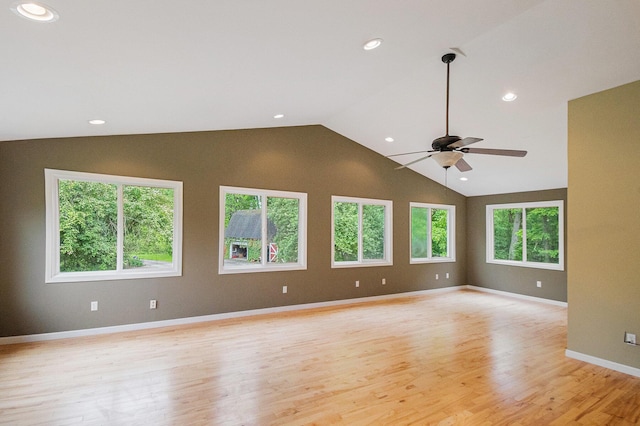 22649 N Dixboro Rd, South Lyon, MI 48178 - unfurnished room featuring ceiling fan, light wood-type flooring, recessed lighting, baseboards, and high vaulted ceiling