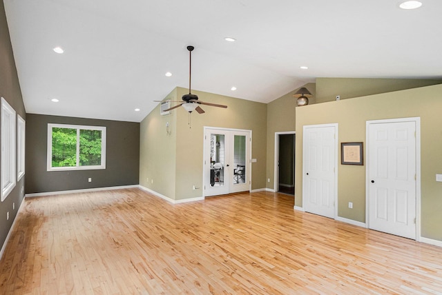 22649 N Dixboro Rd, South Lyon, MI 48178 - unfurnished living room featuring light wood-type flooring, a ceiling fan, baseboards, french doors, and recessed lighting