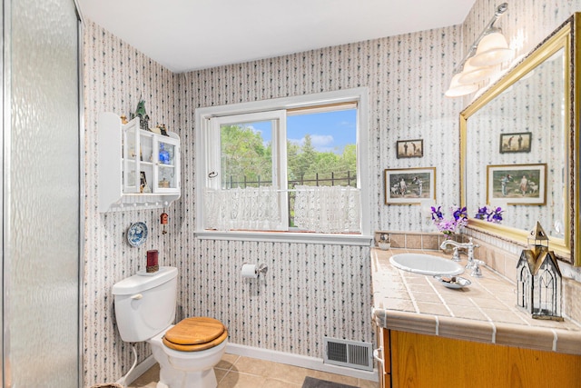 22649 N Dixboro Rd, South Lyon, MI 48178 - bathroom with wallpapered walls, vanity, toilet, and tile patterned floors