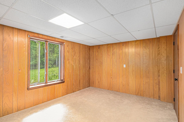 22649 N Dixboro Rd, South Lyon, MI 48178 - empty room with wood walls, a drop ceiling, and carpet floors