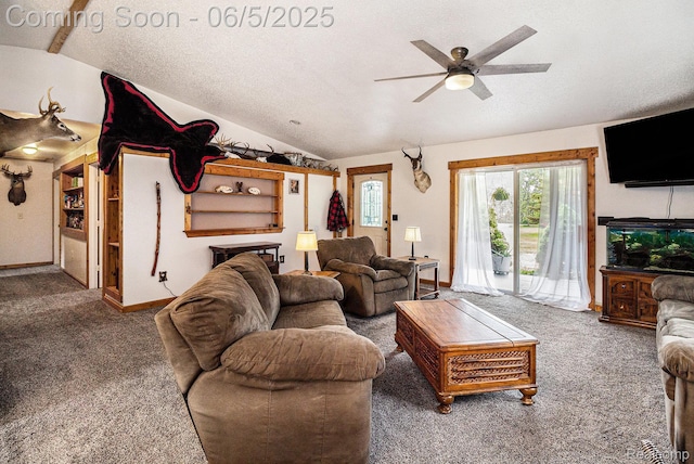 3275 Levalley Rd, Columbiaville, MI 48421 - carpeted living area with lofted ceiling and a ceiling fan