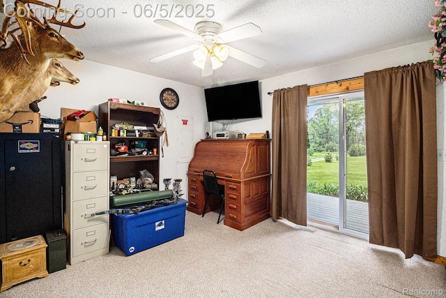 3275 Levalley Rd, Columbiaville, MI 48421 - carpeted bedroom featuring access to exterior, a textured ceiling, and ceiling fan