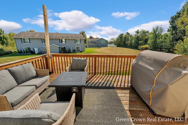 4052 Quest Ct SW, Wyoming, MI 49418 - wooden deck with grilling area, an outdoor living space, a lawn, and a residential view