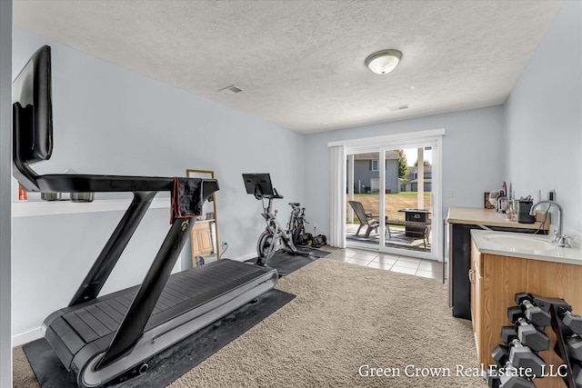 4052 Quest Ct SW, Wyoming, MI 49418 - workout area with a sink, light colored carpet, a textured ceiling, and light tile patterned flooring