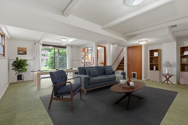 4564 Sparrow Ave, Kalamazoo, MI 49004 - carpeted living area featuring beamed ceiling, stairs, and baseboards