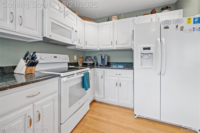 2336 Swans Cv Unit 7, Fenton, MI 48430 - kitchen featuring white appliances, white cabinetry, light wood-style flooring, and dark stone countertops