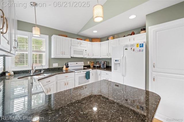 2336 Swans Cv Unit 7, Fenton, MI 48430 - kitchen with white appliances, white cabinetry, pendant lighting, dark stone countertops, and recessed lighting