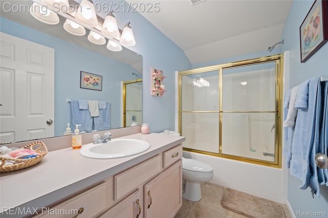 2336 Swans Cv Unit 7, Fenton, MI 48430 - full bathroom featuring vaulted ceiling, vanity, combined bath / shower with glass door, and tile patterned flooring