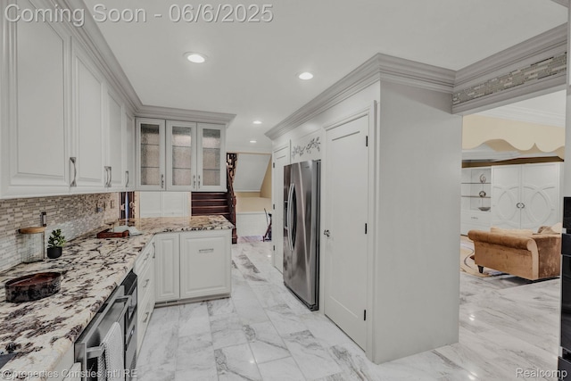 31240 Cline Dr, Beverly Hills, MI 48025 - kitchen featuring stainless steel fridge, crown molding, recessed lighting, light stone counters, and white cabinets