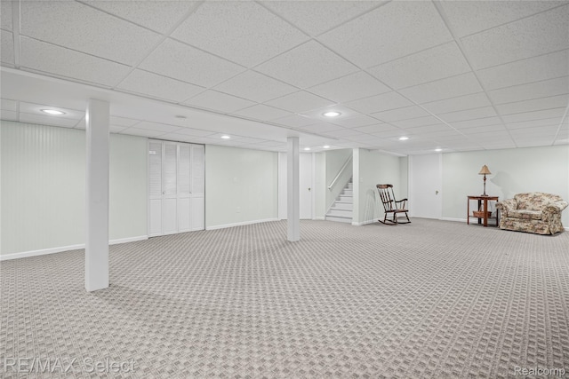 2391 Atwell Rd, Attica, MI 48412 - finished below grade area featuring carpet floors, a paneled ceiling, stairs, recessed lighting, and baseboards