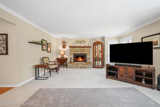 2391 Atwell Rd, Attica, MI 48412 - living area featuring carpet, ornamental molding, a fireplace, and baseboards