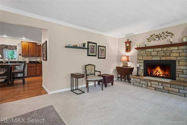 2391 Atwell Rd, Attica, MI 48412 - carpeted living area with crown molding, a fireplace, baseboards, and a sink