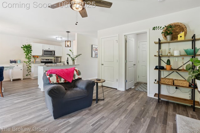9211 Hawthorn Dr, Davison, MI 48423 - living room featuring ceiling fan, wood finished floors, and baseboards