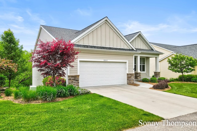 3912 Preserve Dr NE Unit 44, Belmont, MI 49306 - craftsman house with board and batten siding, a front lawn, stone siding, and an attached garage