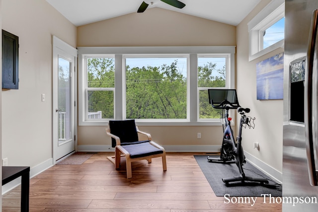 3912 Preserve Dr NE Unit 44, Belmont, MI 49306 - workout area featuring wood finished floors, lofted ceiling, and ceiling fan