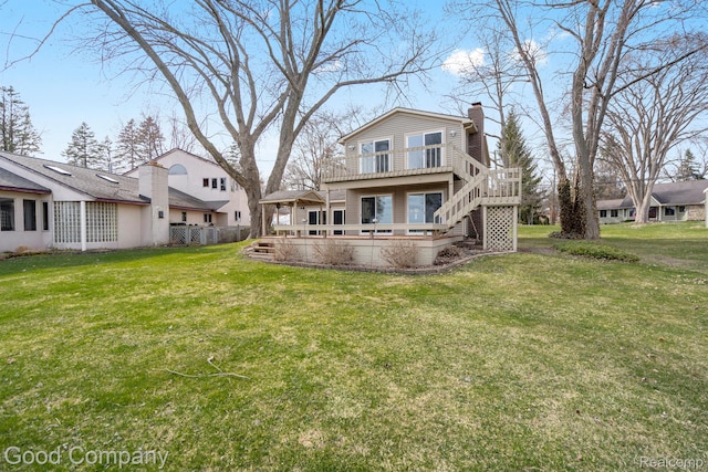 3501 Mann Rd, Clarkston, MI 48346 - rear view of house with a chimney, stairs, and a deck