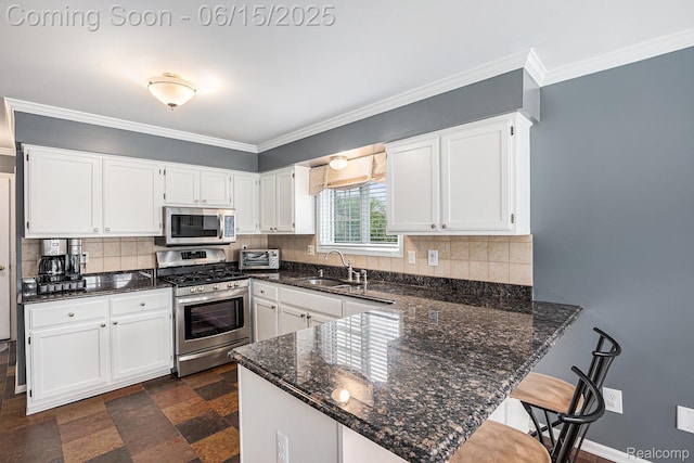 16096 Violet Dr, Macomb, MI 48042 - kitchen featuring stainless steel appliances, a peninsula, white cabinetry, tasteful backsplash, and ornamental molding