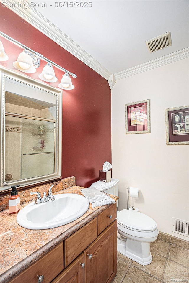 16096 Violet Dr, Macomb, MI 48042 - full bathroom featuring ornamental molding, vanity, a shower stall, and tile patterned flooring