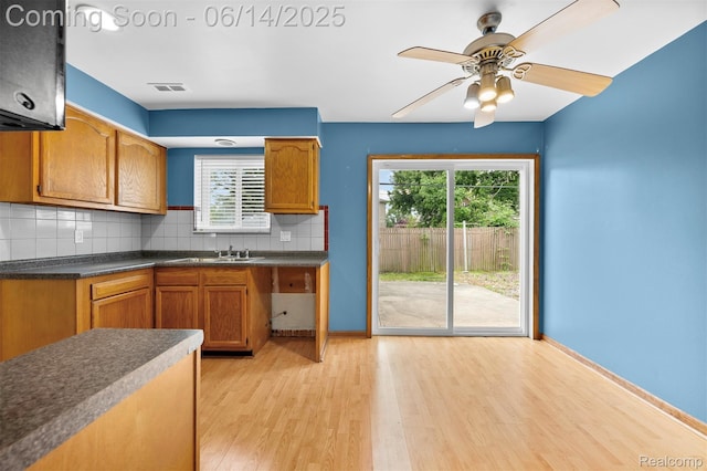 23312 Shoreview St, Saint Clair Shores, MI 48082 - kitchen featuring light wood-style floors, brown cabinets, decorative backsplash, a ceiling fan, and dark countertops