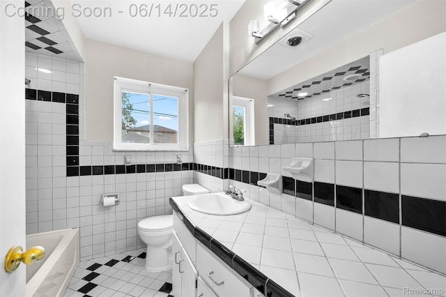 23312 Shoreview St, Saint Clair Shores, MI 48082 - bathroom with tile walls, vanity, a tub to relax in, a tile shower, and tile patterned floors