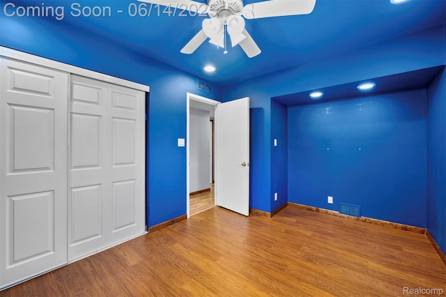 23312 Shoreview St, Saint Clair Shores, MI 48082 - unfurnished bedroom featuring wood finished floors, recessed lighting, a closet, and ceiling fan